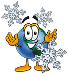 Clip Art Graphic of a World Globe Cartoon Character With Three Snowflakes in Winter