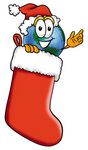 Clip Art Graphic of a World Globe Cartoon Character Wearing a Santa Hat Inside a Red Christmas Stocking
