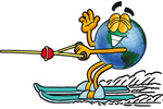 Clip Art Graphic of a World Globe Cartoon Character Waving While Water Skiing