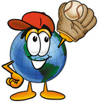 Clip Art Graphic of a World Globe Cartoon Character Catching a Baseball With a Glove