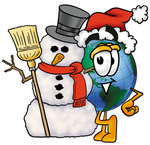 Clip Art Graphic of a World Globe Cartoon Character With a Snowman on Christmas