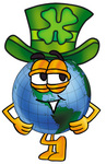 Clip Art Graphic of a World Globe Cartoon Character Wearing a Saint Patricks Day Hat With a Clover on it
