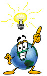 Clip Art Graphic of a World Globe Cartoon Character With a Bright Idea