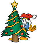Clip Art Graphic of a World Globe Cartoon Character Waving and Standing by a Decorated Christmas Tree