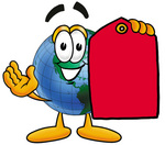 Clip Art Graphic of a World Globe Cartoon Character Holding a Red Sales Price Tag
