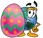 Clip Art Graphic of a World Globe Cartoon Character Standing Beside an Easter Egg