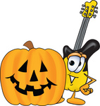 Clip Art Graphic of a Yellow Electric Guitar Cartoon Character With a Carved Halloween Pumpkin