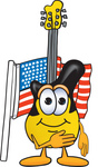 Clip Art Graphic of a Yellow Electric Guitar Cartoon Character Pledging Allegiance to an American Flag