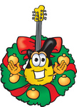 Clip Art Graphic of a Yellow Electric Guitar Cartoon Character in the Center of a Christmas Wreath
