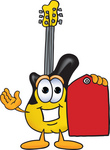 Clip Art Graphic of a Yellow Electric Guitar Cartoon Character Holding a Red Sales Price Tag