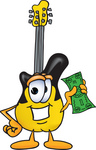 Clip Art Graphic of a Yellow Electric Guitar Cartoon Character Holding a Dollar Bill
