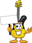 Clip Art Graphic of a Yellow Electric Guitar Cartoon Character Holding a Blank Sign