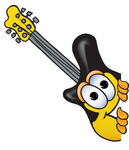 Clip Art Graphic of a Yellow Electric Guitar Cartoon Character Peeking Around a Corner