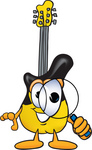 Clip Art Graphic of a Yellow Electric Guitar Cartoon Character Looking Through a Magnifying Glass