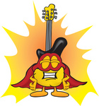 Clip Art Graphic of a Yellow Electric Guitar Cartoon Character Dressed as a Super Hero