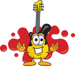 Clip Art Graphic of a Yellow Electric Guitar Cartoon Character Logo With Red Paint Splatters