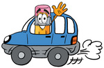 Clip Art Graphic of a Yellow Number 2 Pencil With an Eraser Cartoon Character Driving a Blue Car and Waving