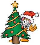 Clip Art Graphic of a Yellow Number 2 Pencil With an Eraser Cartoon Character Waving and Standing by a Decorated Christmas Tree