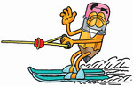 Clip Art Graphic of a Yellow Number 2 Pencil With an Eraser Cartoon Character Waving While Water Skiing