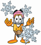 Clip Art Graphic of a Yellow Number 2 Pencil With an Eraser Cartoon Character With Three Snowflakes in Winter