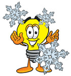 Clip Art Graphic of a Yellow Electric Lightbulb Cartoon Character With Three Snowflakes in Winter