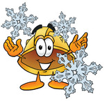 Clip Art Graphic of a Yellow Safety Hardhat Cartoon Character With Three Snowflakes in Winter