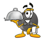Clip Art Graphic of an Ice Hockey Puck Cartoon Character Dressed as a Waiter and Holding a Serving Platter