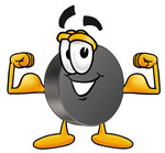 Clip Art Graphic of an Ice Hockey Puck Cartoon Character Flexing His Arm Muscles