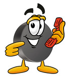 Clip Art Graphic of an Ice Hockey Puck Cartoon Character Holding a Telephone