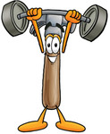Clip Art Graphic of a Hammer Tool Cartoon Character Holding a Heavy Barbell Above His Head
