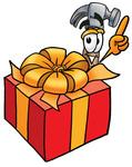 Clip Art Graphic of a Hammer Tool Cartoon Character Standing by a Christmas Present