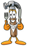 Clip Art Graphic of a Hammer Tool Cartoon Character Holding a Knife and Fork