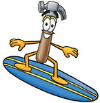 Clip Art Graphic of a Hammer Tool Cartoon Character Surfing on a Blue and Yellow Surfboard