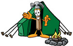 Clip Art Graphic of a Hammer Tool Cartoon Character Camping With a Tent and Fire