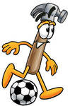 Clip Art Graphic of a Hammer Tool Cartoon Character Kicking a Soccer Ball