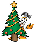 Clip Art Graphic of a Hammer Tool Cartoon Character Waving and Standing by a Decorated Christmas Tree
