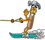 Clip Art Graphic of a Hammer Tool Cartoon Character Waving While Water Skiing