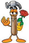 Clip Art Graphic of a Hammer Tool Cartoon Character Holding a Red Rose on Valentines Day