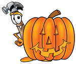 Clip Art Graphic of a Hammer Tool Cartoon Character With a Carved Halloween Pumpkin