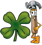 Clip Art Graphic of a Hammer Tool Cartoon Character With a Green Four Leaf Clover on St Paddy’s or St Patricks Day