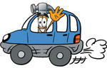 Clip Art Graphic of a Hammer Tool Cartoon Character Driving a Blue Car and Waving