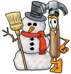 Clip Art Graphic of a Hammer Tool Cartoon Character With a Snowman on Christmas