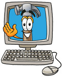 Clip Art Graphic of a Hammer Tool Cartoon Character Waving From Inside a Computer Screen