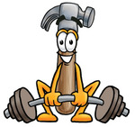 Clip Art Graphic of a Hammer Tool Cartoon Character Lifting a Heavy Barbell