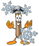 Clip Art Graphic of a Hammer Tool Cartoon Character With Three Snowflakes in Winter