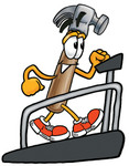 Clip Art Graphic of a Hammer Tool Cartoon Character Walking on a Treadmill in a Fitness Gym