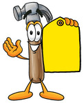 Clip Art Graphic of a Hammer Tool Cartoon Character Holding a Yellow Sales Price Tag