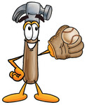 Clip Art Graphic of a Hammer Tool Cartoon Character Catching a Baseball With a Glove