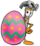 Clip Art Graphic of a Hammer Tool Cartoon Character Standing Beside an Easter Egg