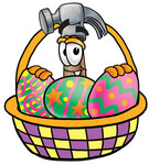 Clip Art Graphic of a Hammer Tool Cartoon Character in an Easter Basket Full of Decorated Easter Eggs